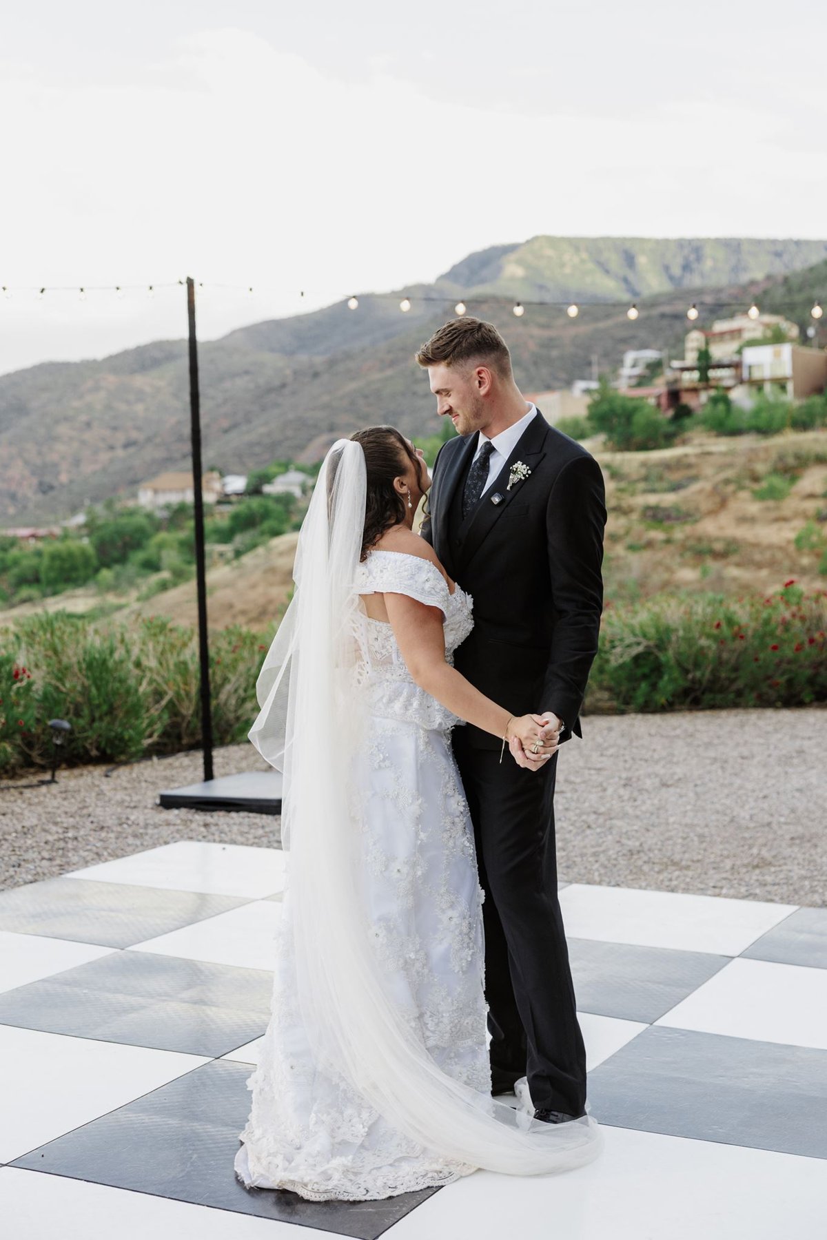 Abigail and Ethan sharing their first dance overlooking Jerome